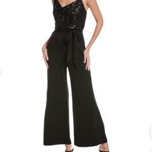 BCBGeneration Sequin Black Sleeveless Jumpsuit with Wide-Leg Pants.